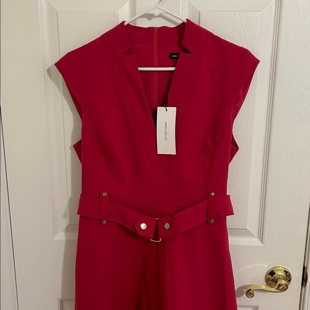 Karen Millen Forever Cinch Waist Cap A-Line Dress In Pink NWT Size US 10, UK 14 - Picture 5 of 12